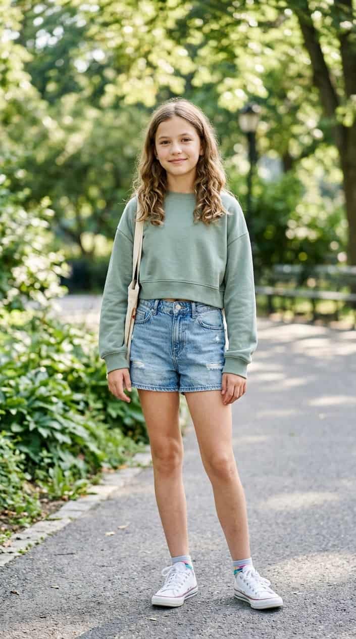 16 Tween Outfit Ideas for the Awkward 'Not Little, Not Grown' Age 12 A tween girl standing outdoors wearing a cropped sweatshirt and high-waist shorts, smiling gently with a blurred park background.