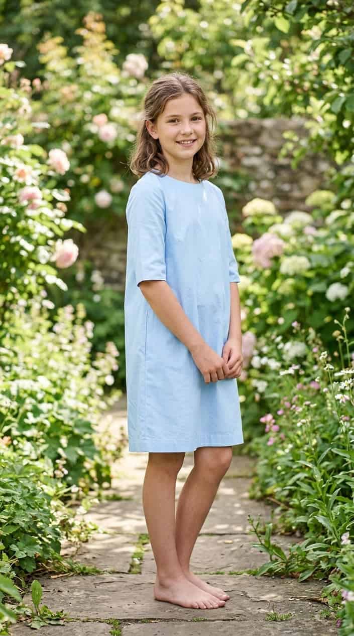 Modest Summer Dresses for Tweens 14 A young girl standing outdoors wearing a simple summer dress with elbow-length sleeves.