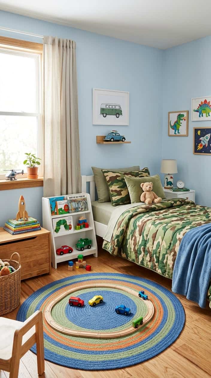 A children's bedroom with camo-patterned bedding and pillows on a bed, toys and books nearby, and natural light coming through a window.