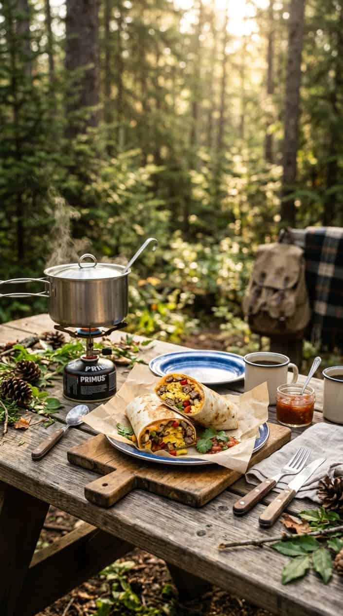 17 Camping Meals You Can Prep Ahead and Heat Over a Single-Burner Stove 4 Two breakfast burritos filled with scrambled eggs and sausage on a wooden picnic table in a forest camping setting with a single-burner stove and camping utensils nearby.