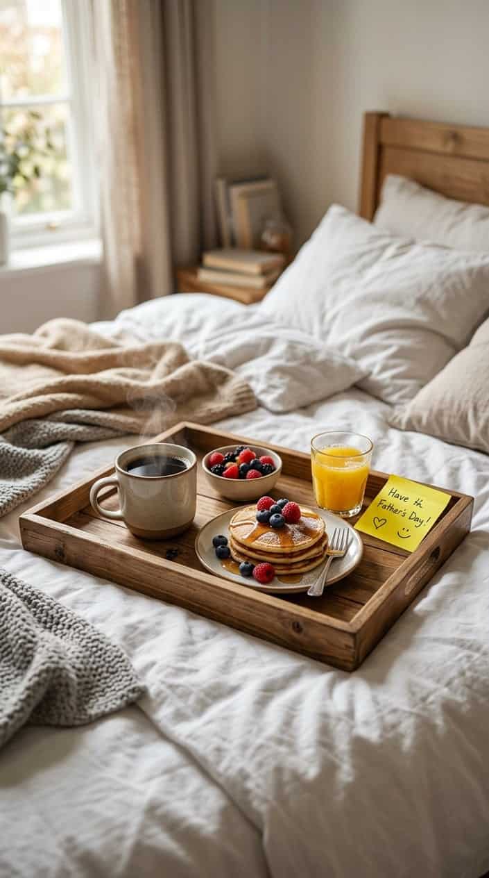 A breakfast tray with coffee, pancakes, orange juice, and a colorful sticky note on a bed with white linens.