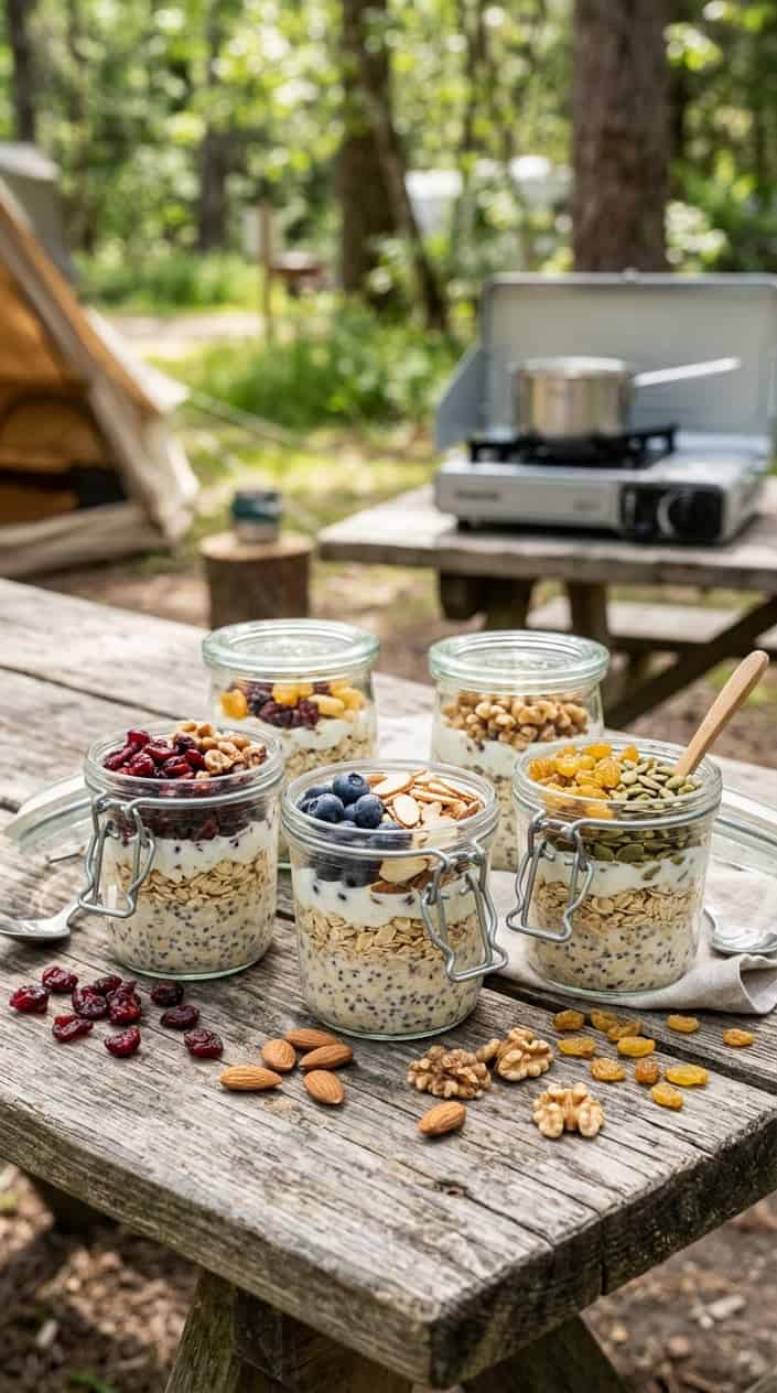 17 Camping Meals You Can Prep Ahead and Heat Over a Single-Burner Stove 11 Glass jars filled with layered oats topped with dried fruit and nuts on a wooden surface, with camping gear in the background.