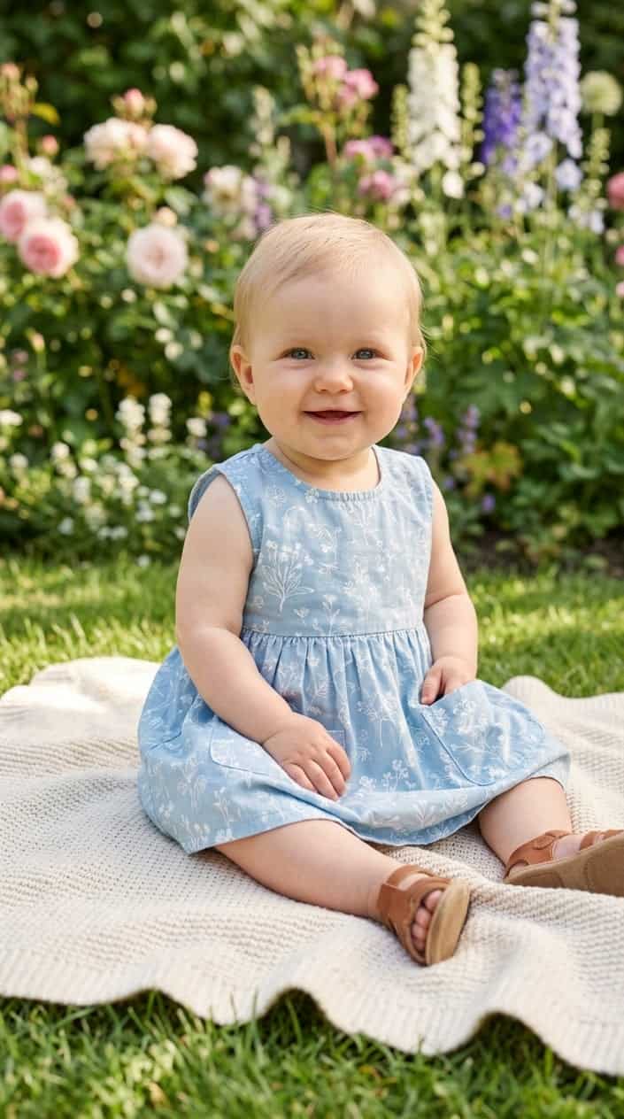 A baby sitting outdoors on a blanket wearing a light cotton dress with side pockets in a sunny garden.