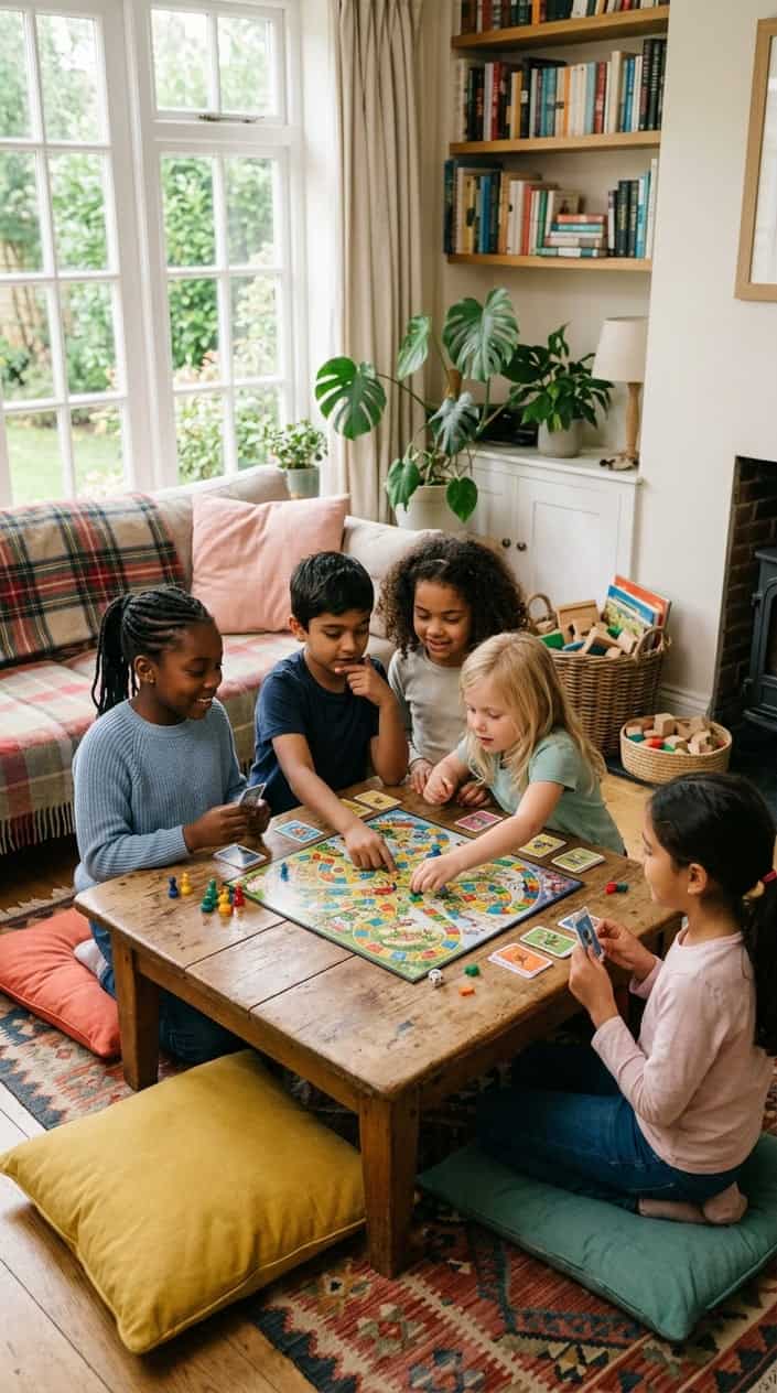 A group of children playing a board game together around a table in a cozy living room.