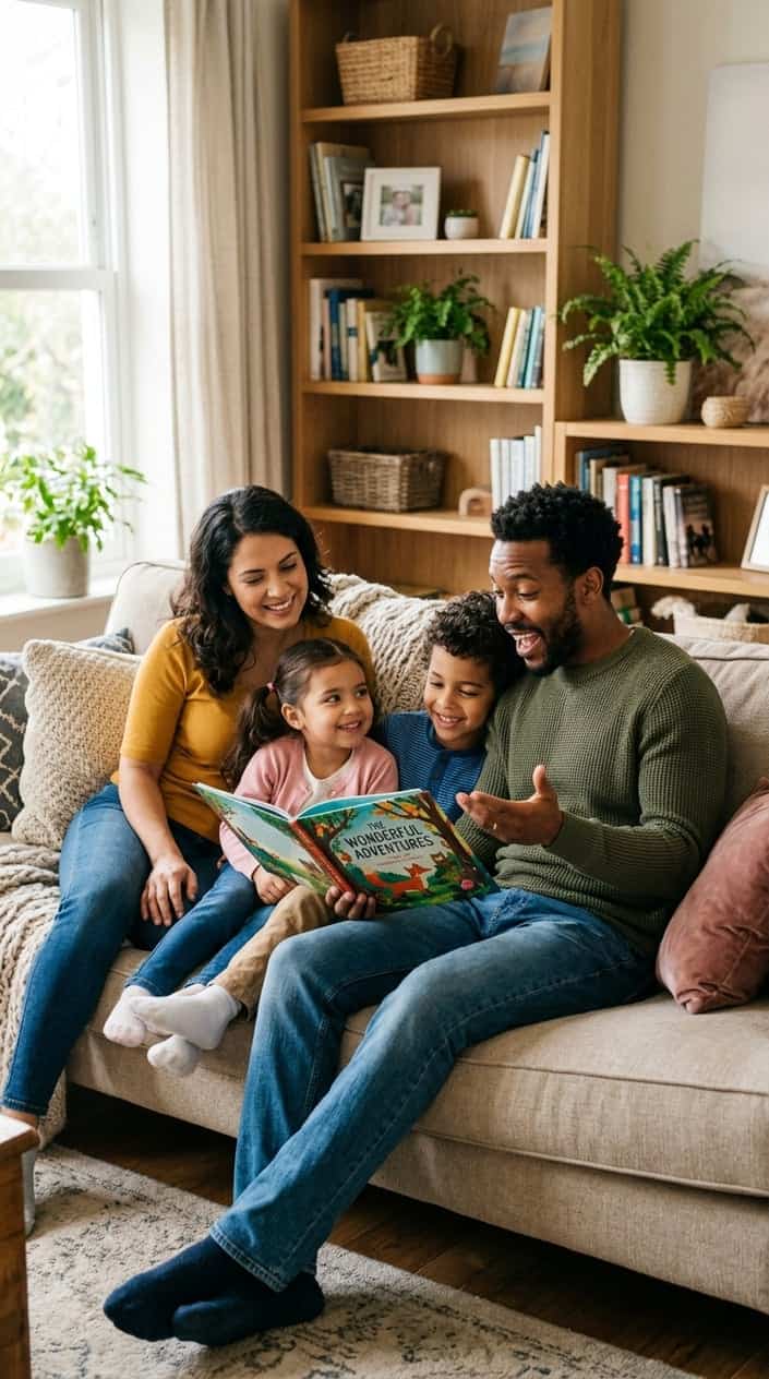 A family of four sitting together on a sofa, with the father reading a book to the children who listen attentively in a cozy living room.