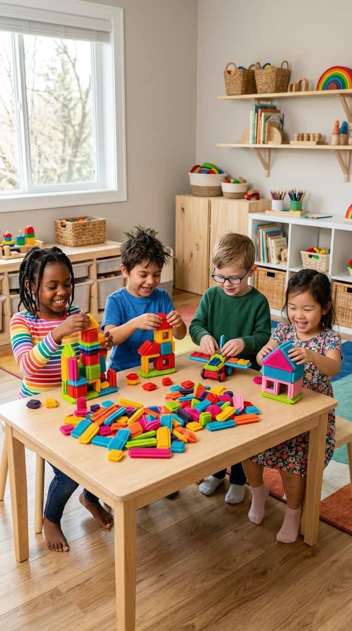 Children playing and building with colorful Bristle Blocks on a table in a bright playroom.