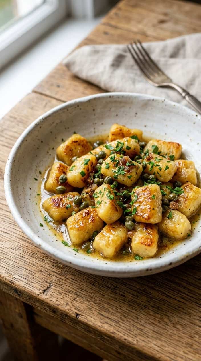 A wide bowl of gnocchi in an amber-tinted brown butter sauce with dark green capers and thin strips of lemon zest, finished with chopped parsley and a light dusting of Parmesan.