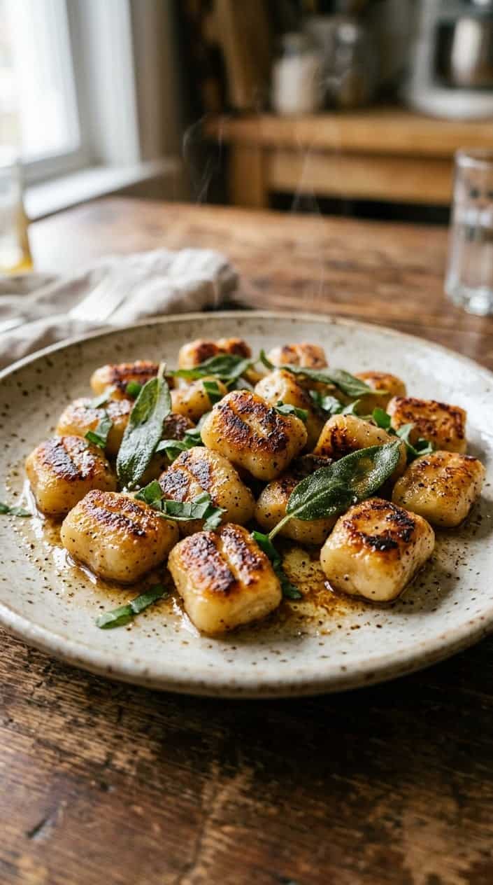 Golden-edged gnocchi glistening with browned butter in a white ceramic skillet, scattered with dark green crisped sage leaves and a dusting of finely grated Parmesan.
