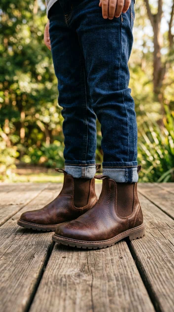 Close-up of a little boy wearing brown leather Chelsea boots and dark jeans, standing outdoors on a wooden deck.