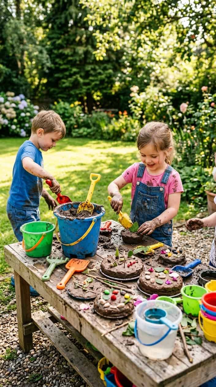 12 Mud Kitchen Setups for Kids (Using Mostly Stuff You Already Have Outside) 5 Outdoor children's mud pie station with buckets, spades, and mud shaped like pies on a wooden table surrounded by garden greenery.