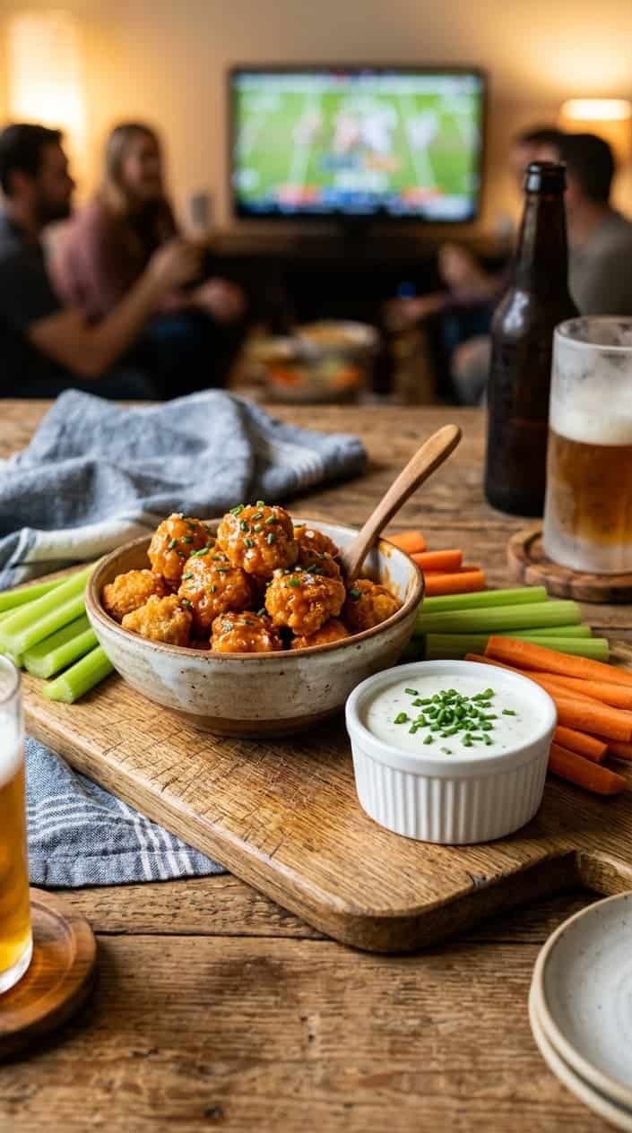 A bowl of buffalo cauliflower bites with a side of blue cheese dip, celery, and carrot sticks on a wooden table set for a game day snack.