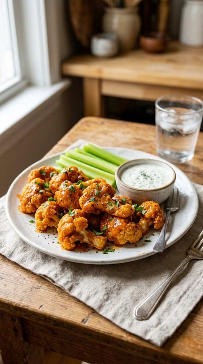 A plate of buffalo cauliflower tenders with celery sticks and dipping sauce on a table.