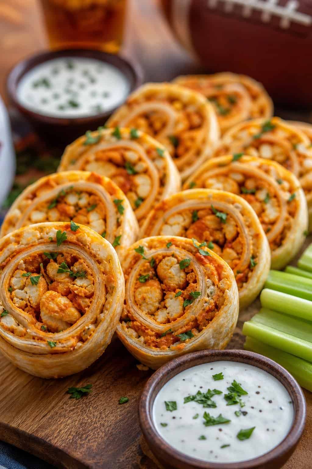 Close-up of buffalo cauliflower vegan pinwheels on a wooden board showing orange-sauced crispy cauliflower florets and shredded romaine inside spinach-tomato wrap tortillas, with a small dipping sauce bowl and celery sticks.