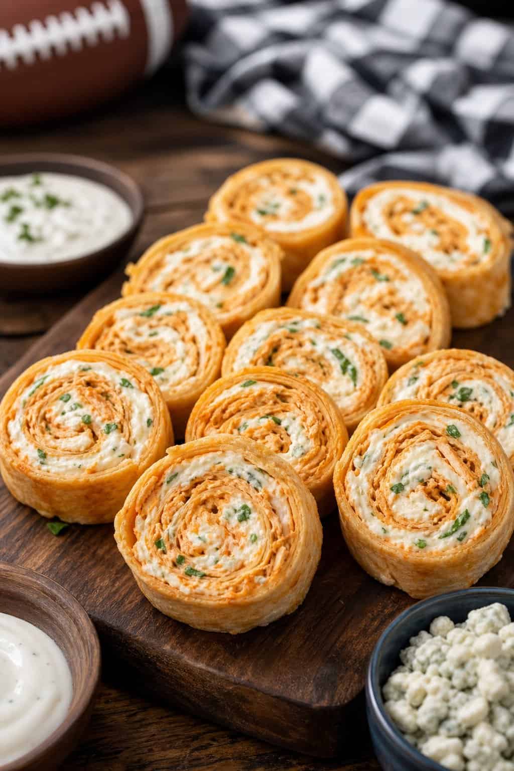 Buffalo chicken cream cheese pinwheels arranged on a wooden board showing orange-tinted filling with visible green onions, alongside small bowls of dipping sauces.