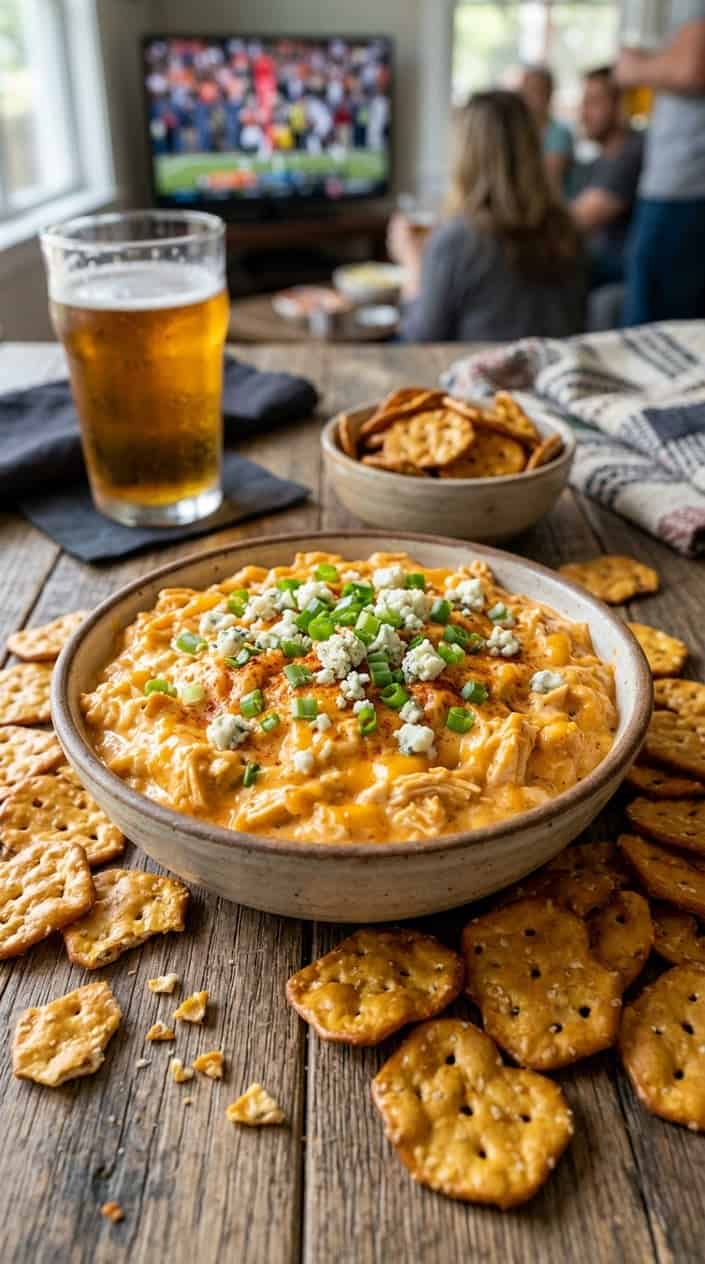 16 Easy Game Day Recipes for a Crowd 6 A bowl of buffalo chicken dip surrounded by pretzel chips on a wooden table.