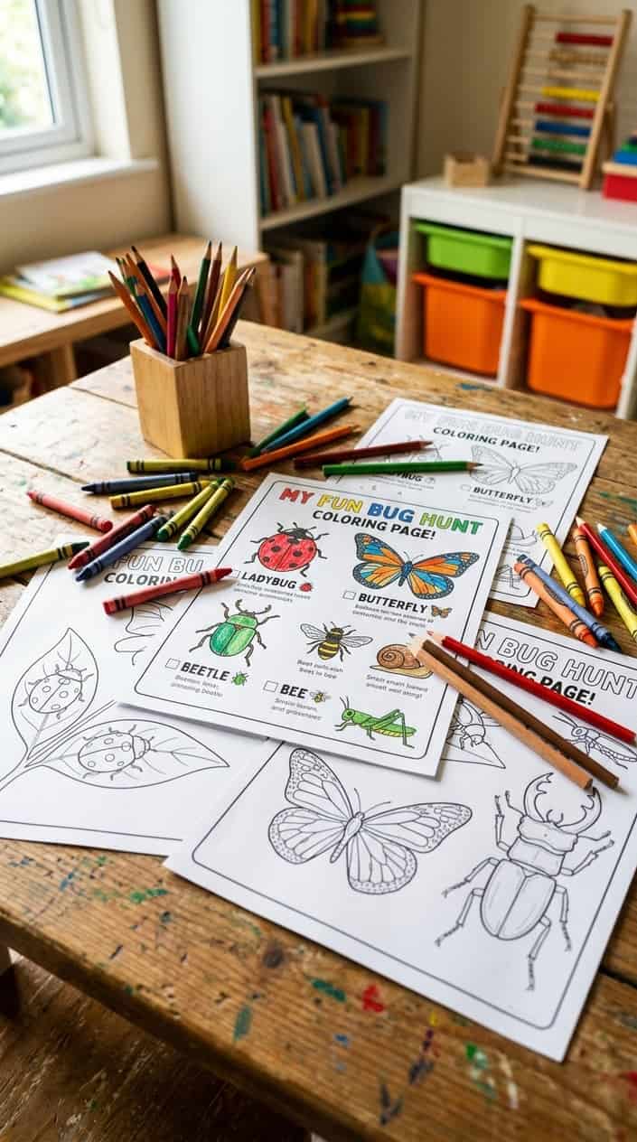 24 Free Printable Coloring Pages That Actually Hold a Kid's Attention 18 A table with printable coloring sheets of ladybugs, butterflies, and beetles surrounded by crayons and colored pencils.