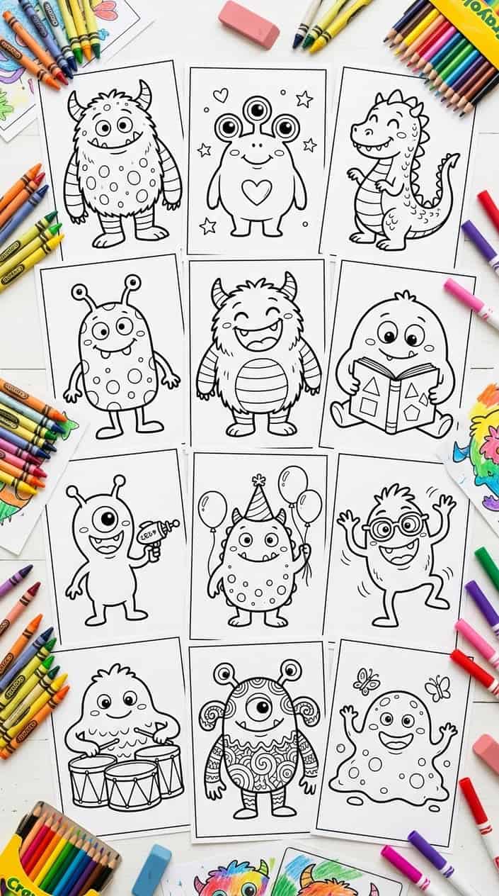 24 Free Printable Coloring Pages That Actually Hold a Kid's Attention 23 A collage of black and white monster coloring pages surrounded by crayons and colored pencils on a white surface.