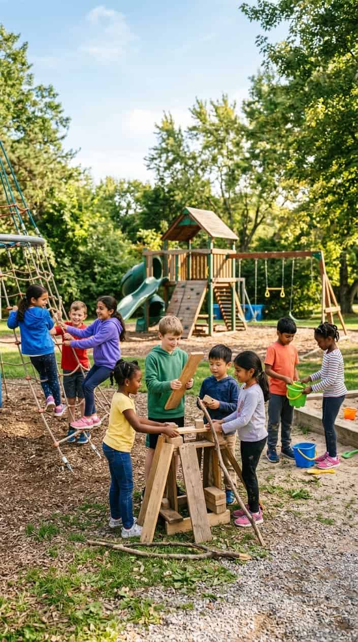 Children playing together outdoors on a playground, cooperating and building a fort without adults nearby.