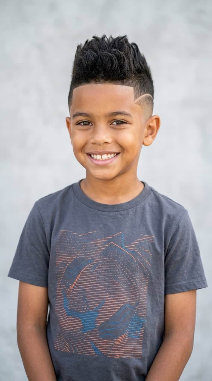 A young boy smiling with a short haircut that is longer on top and shaved on the sides, standing against a plain background.
