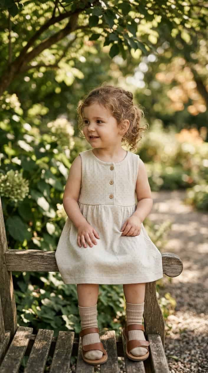 Comfortable Children's Dresses That Still Look Nice 6 A young child wearing a light-colored cotton dress standing outdoors surrounded by green plants.