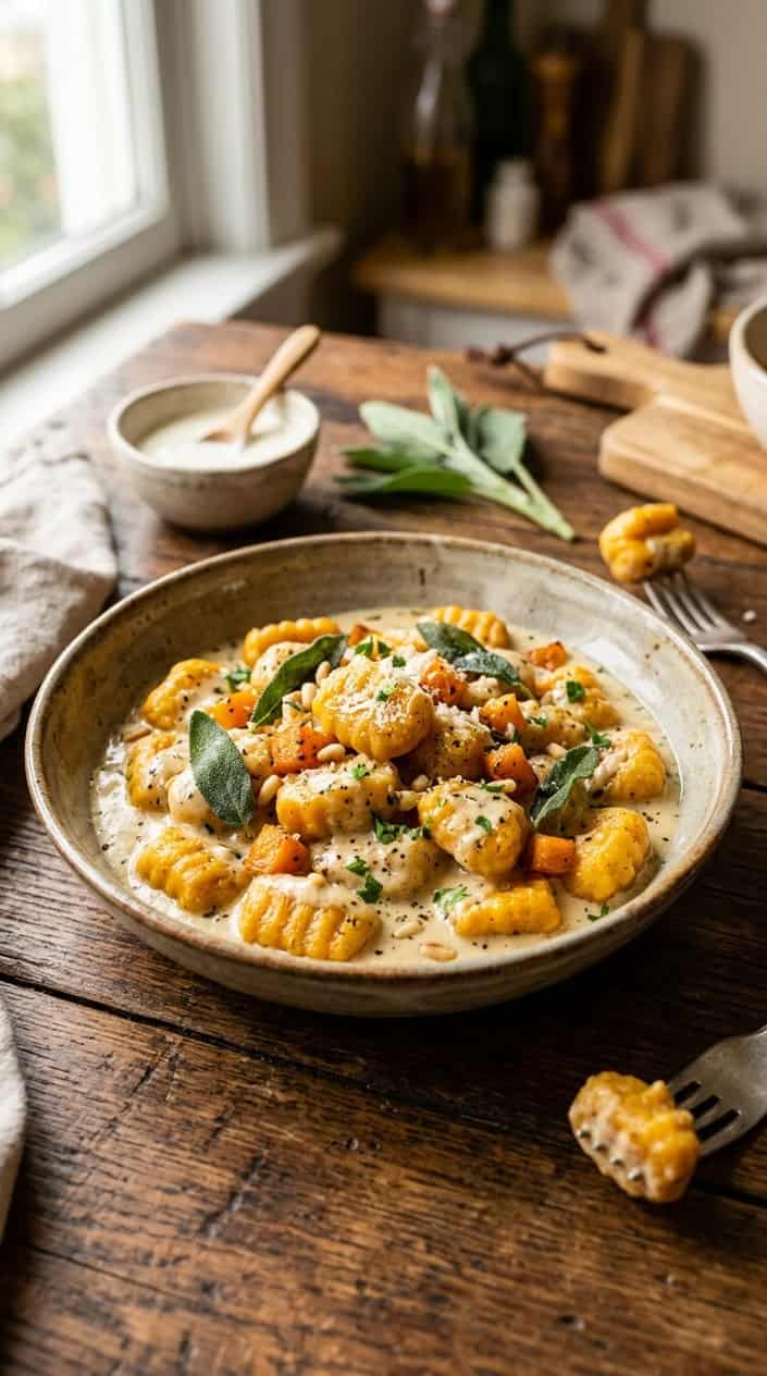 A deep ceramic bowl of gnocchi with caramelized orange butternut squash cubes, cream-coated pillowy dumplings, and three crisped sage leaves resting on top against a rough wooden surface.