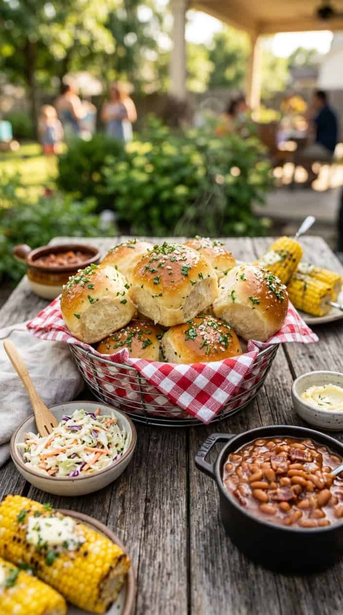 BBQ Side Dishes for a Memorial Day Cookout 15 A basket of buttery garlic dinner rolls with fresh herbs on a wooden table surrounded by bowls of BBQ side dishes like coleslaw, baked beans, and grilled corn.