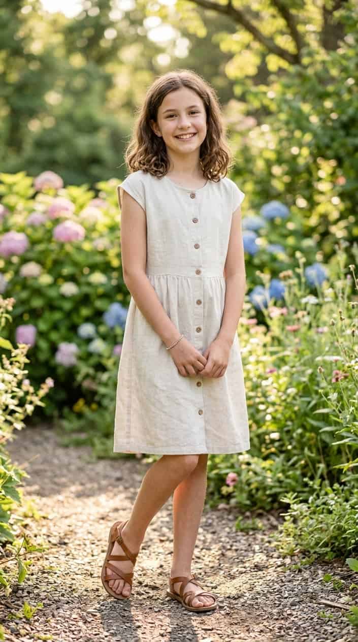 Modest Summer Dresses for Tweens 13 A young girl standing outdoors wearing a light-colored summer dress with buttons and capped sleeves.