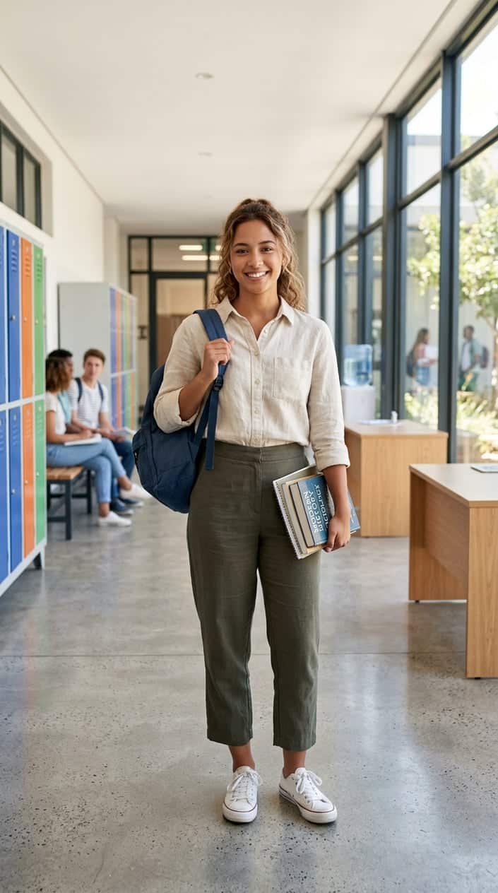 A young adult standing indoors wearing a pale boxy linen button-up shirt tucked into tapered mid-calf culottes in warm beige, holding books.