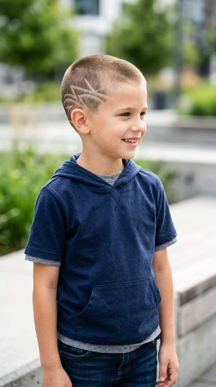 A young boy with a buzz cut and a shaved line design on the side of his head, smiling and looking slightly to the side.