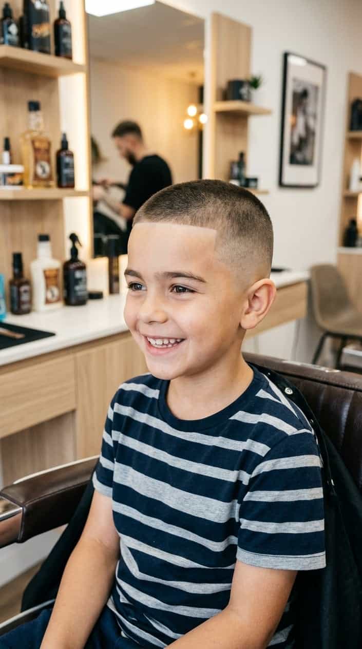 A young boy with a short haircut smiling in a barbershop.