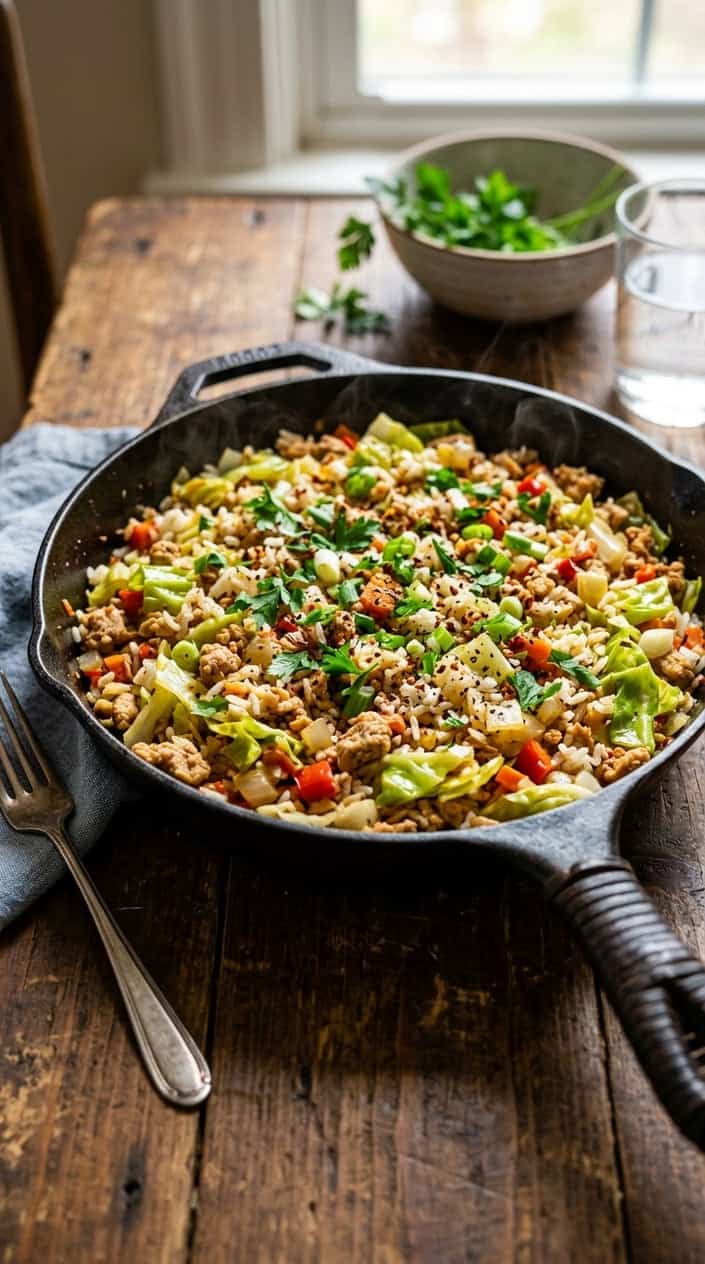 Skillet filled with ground chicken, rice, and pieces of cabbage on a wooden table.