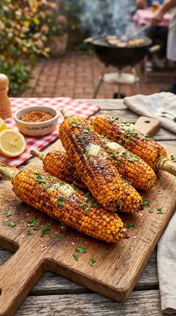 Grilled corn-on-the-cob seasoned with Cajun spices on a wooden cutting board with butter and parsley.