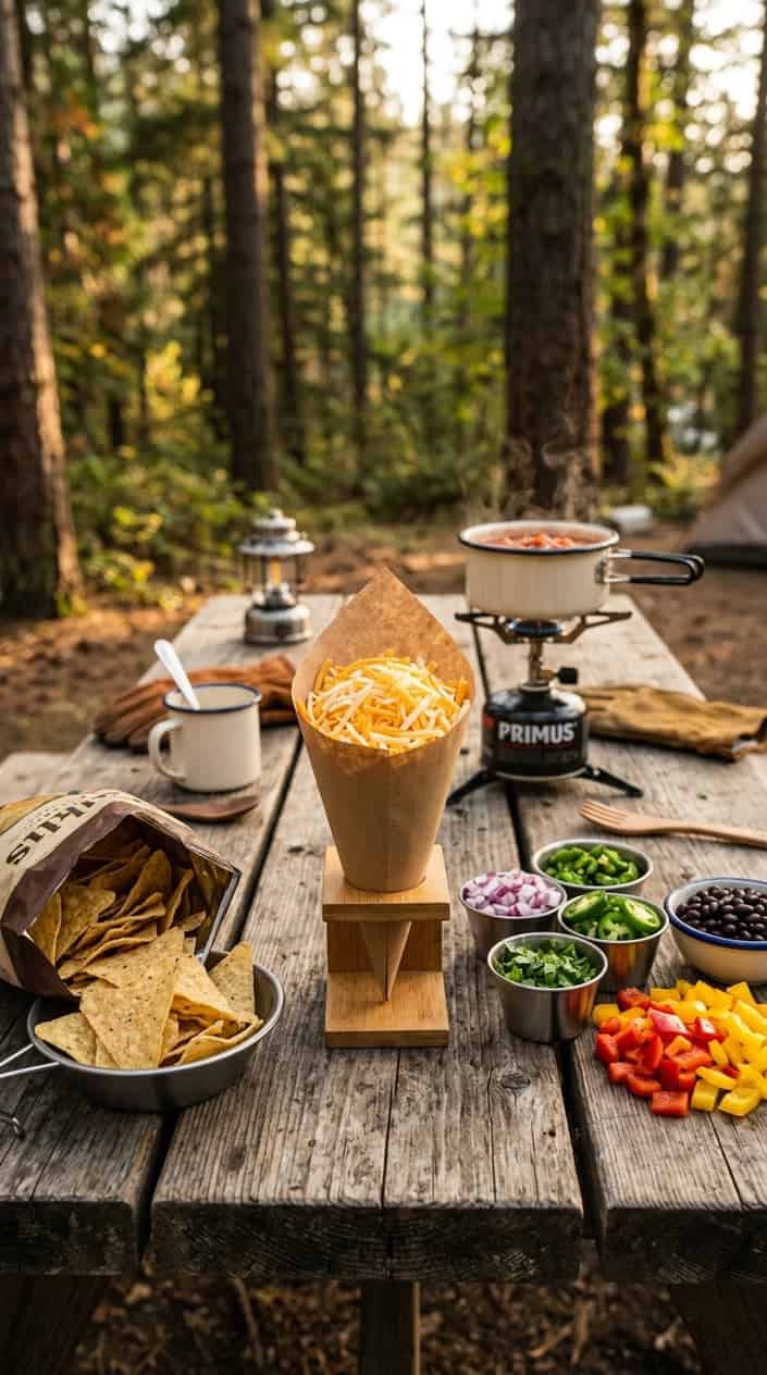17 Camping Meals You Can Prep Ahead and Heat Over a Single-Burner Stove 9 A paper cone filled with shredded cheese on a wooden picnic table outdoors, surrounded by tortilla chips and camping cooking supplies with a portable stove in the background.