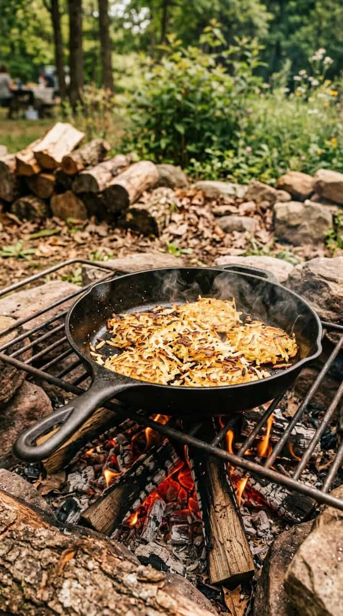 Cast iron skillet with crispy hashbrown potatoes cooking over a campfire outdoors surrounded by logs and greenery.