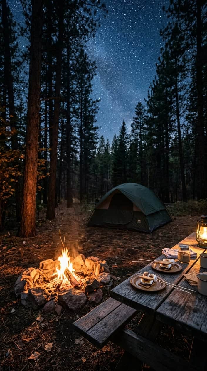 A nighttime camping scene with a glowing campfire, s’mores on a wooden table, surrounded by trees under a starry sky.
