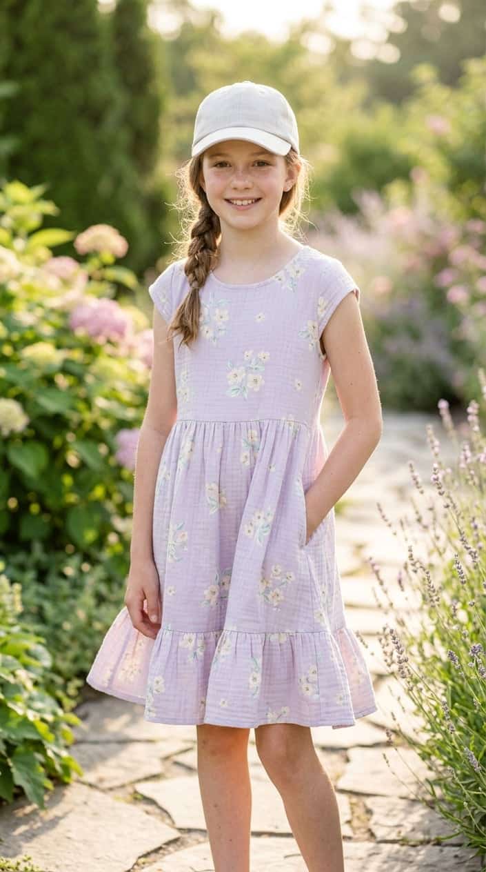 A young girl standing outdoors wearing a cap-sleeve dress with built-in shorts, smiling gently in a sunny garden setting.
