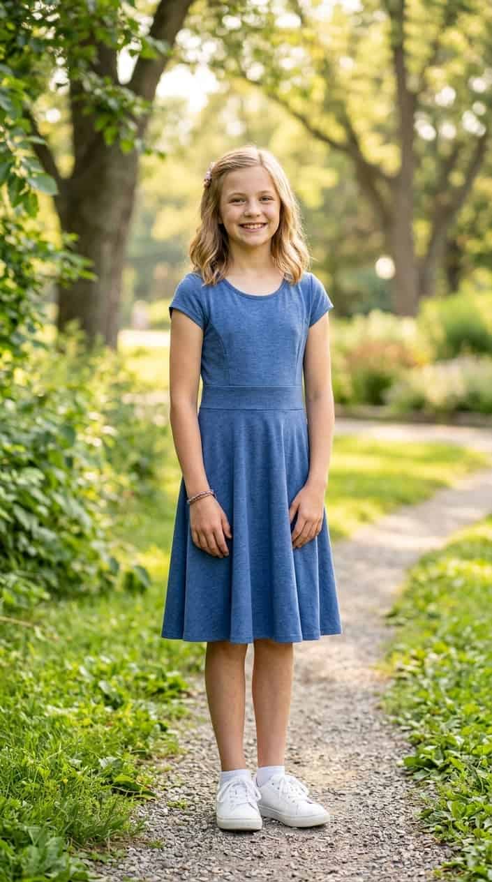 Modest Summer Dresses for Tweens 12 A young girl stands outdoors in a summer dress with cap sleeves and a scoop neckline, smiling in a sunlit park.