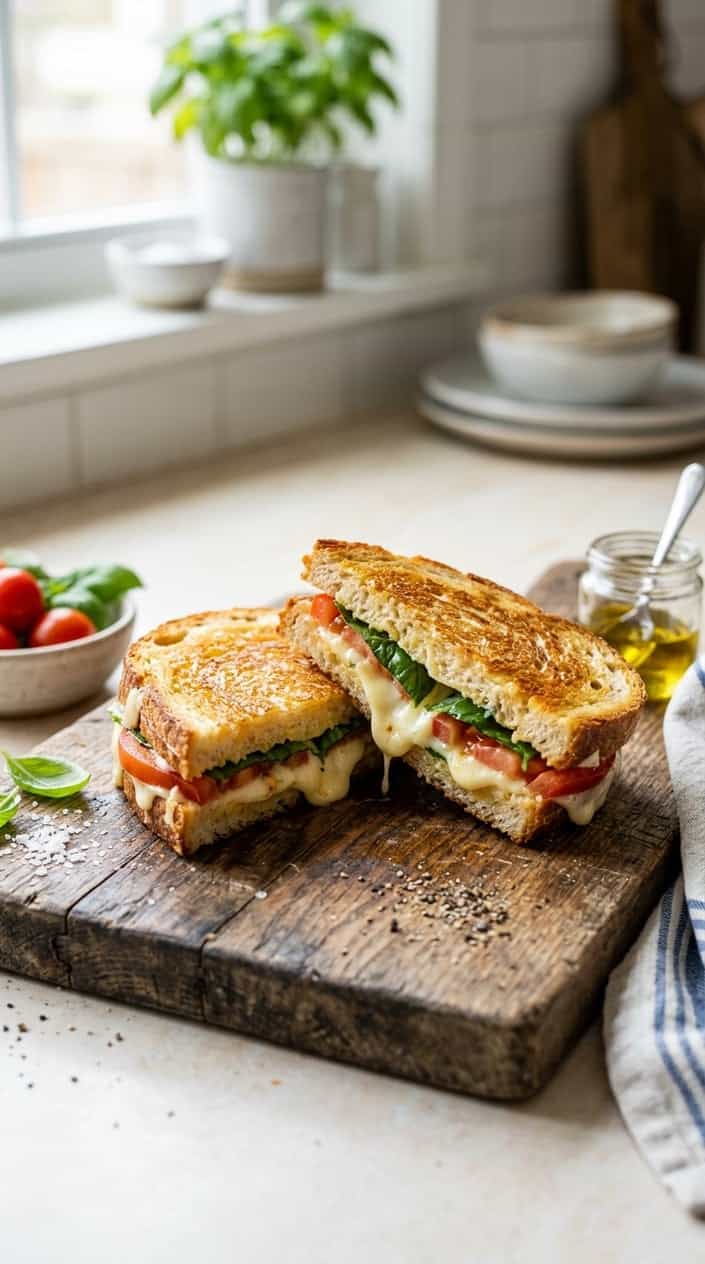 A Caprese grilled cheese sandwich on sourdough cut in half to show the pull of melted mozzarella, a slice of ripe tomato, and bright green basil, resting on a wooden board with a small drizzle of balsamic nearby.