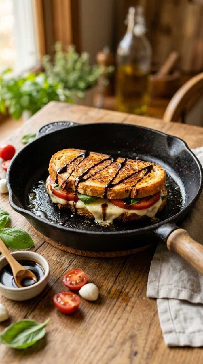 A thick sourdough sandwich cut diagonally to show melted mozzarella, a red tomato slice, and dark green basil leaves, with a thin drizzle of dark balsamic glaze across the golden-crusted top, shot on a worn wooden board.