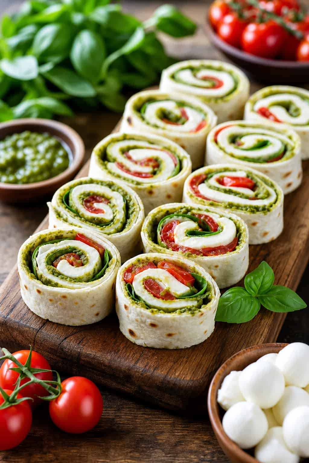 A plate of Caprese pinwheel appetizers showing bright green pesto cream filling, white mozzarella slices, and red tomato inside sliced flour tortilla rolls, surrounded by fresh basil and cherry tomatoes on a wooden board.