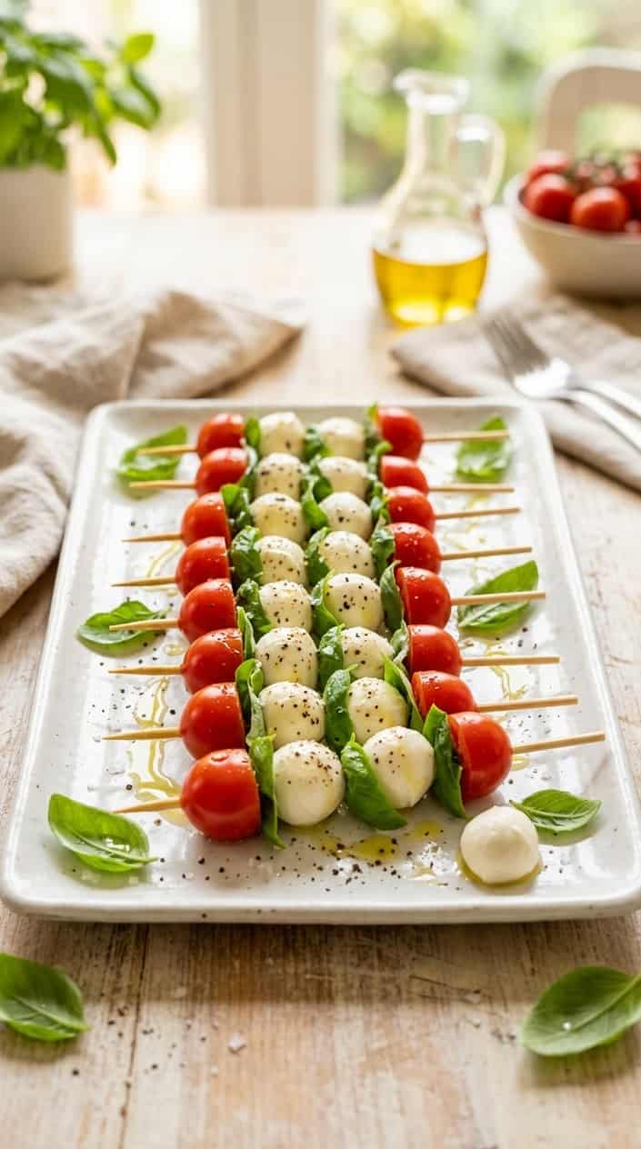 A plate of Caprese skewers with cherry tomatoes, basil leaves, and mozzarella balls arranged neatly.