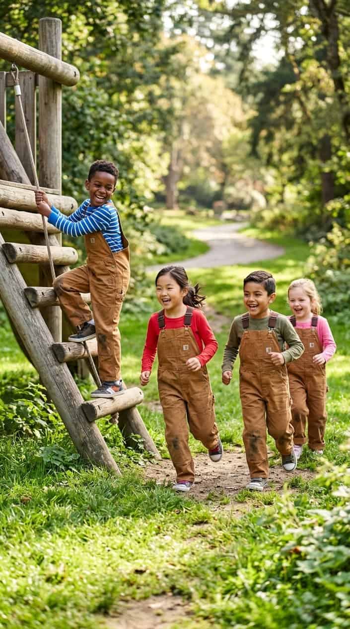 Durable Kids' Clothes for Everyday Wear 6 A group of children playing outdoors wearing durable canvas bib overalls, surrounded by grass and trees.