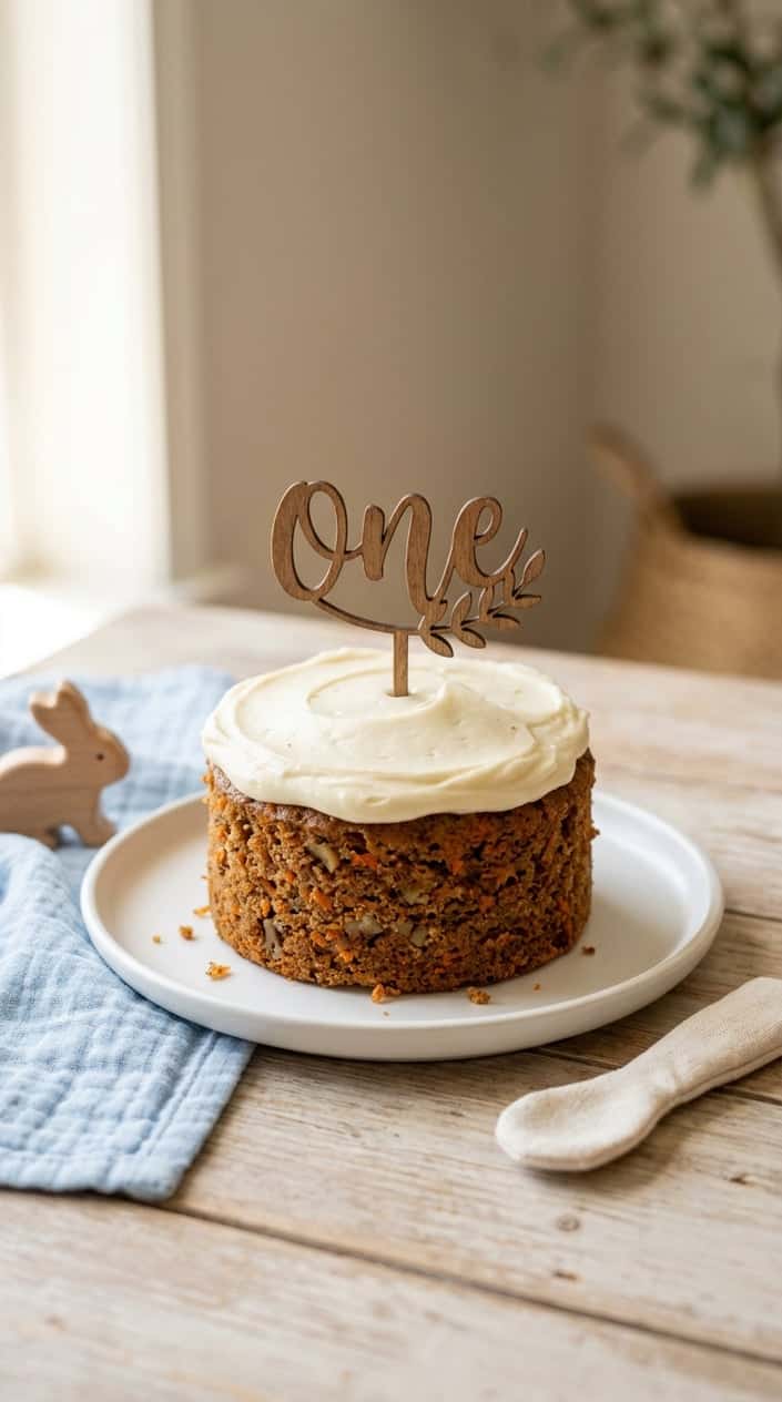A small carrot cake mini smash cake topped with cream cheese frosting, surrounded by soft blue baby items on a neutral background.
