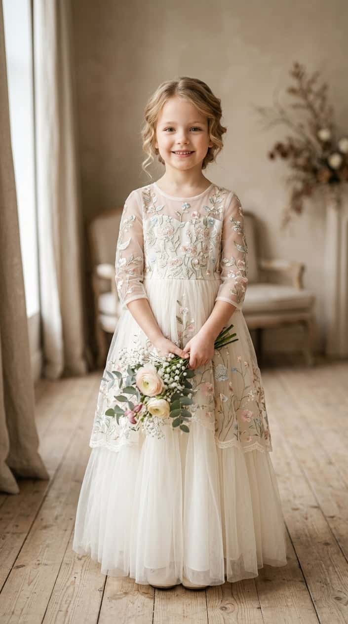 A young girl wearing a delicate embroidered tulle dress standing indoors with soft lighting.