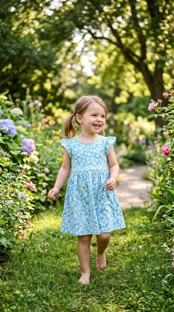 Comfortable Children's Dresses That Still Look Nice 8 A young child smiling and playing outdoors wearing a soft cotton dress.