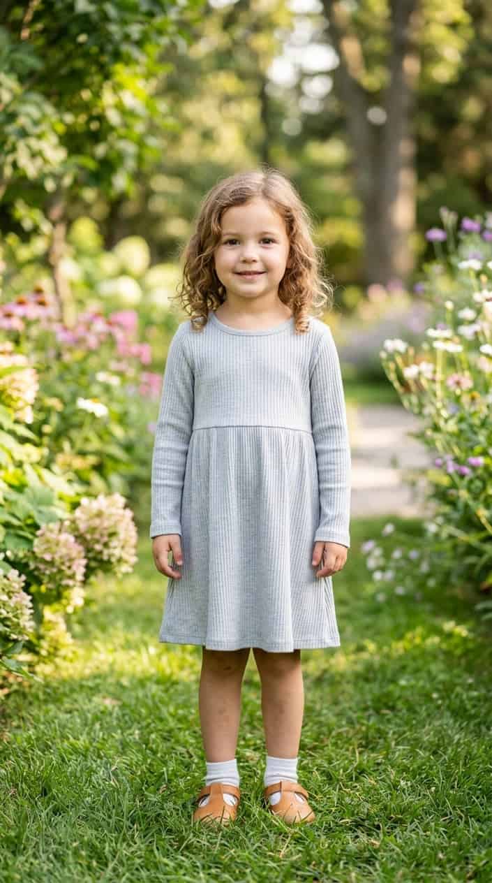 Comfortable Children's Dresses That Still Look Nice 11 A young child standing outdoors wearing a rib-knit A-line dress, smiling with a natural background of grass and flowers.