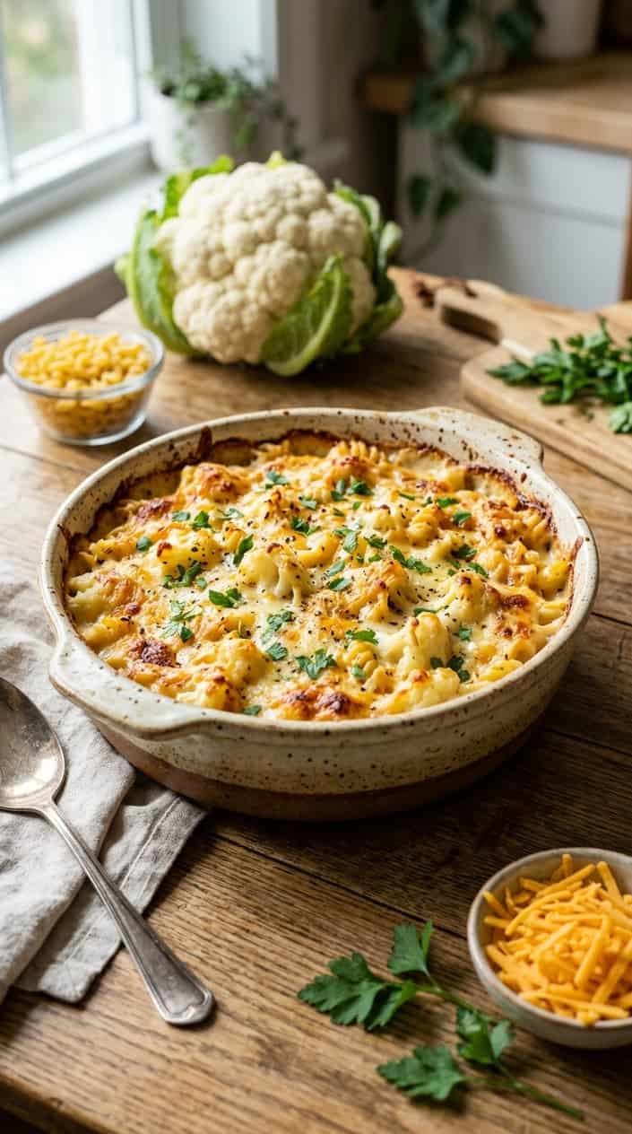13 Keto Recipes I Actually Wanted Again the Next Week 3 A baked cauliflower mac ’n’ cheese casserole in a ceramic dish on a wooden table with fresh cauliflower and cheese nearby.