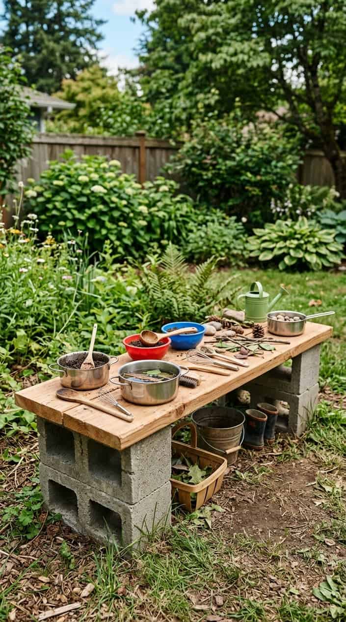 12 Mud Kitchen Setups for Kids (Using Mostly Stuff You Already Have Outside) 6 Outdoor cedar wood shelf on cinder blocks used as a kids' mud kitchen prep table with pots, bowls, and natural materials in a backyard.