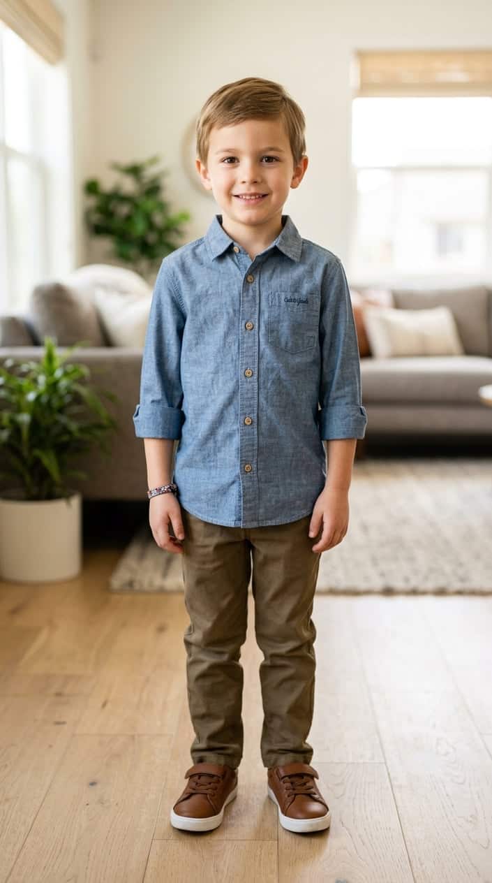 A young boy wearing a chambray button-up shirt standing indoors with a blurred background.