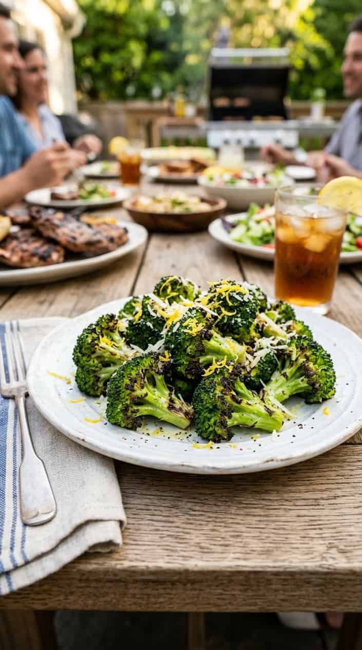 BBQ Side Dishes for a Memorial Day Cookout 13 A plate of grilled broccoli topped with lemon zest and grated Parmesan cheese on a wooden table.
